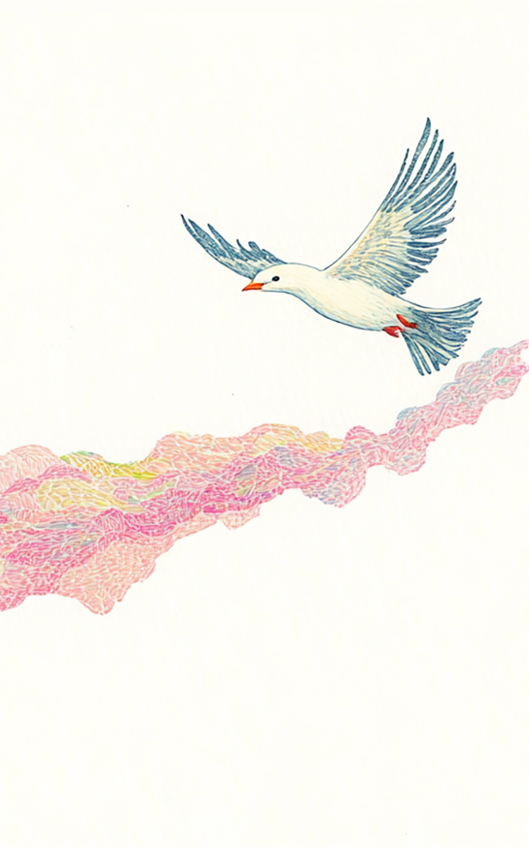 Abstract art - a bird flying through flowing warm-toned currents