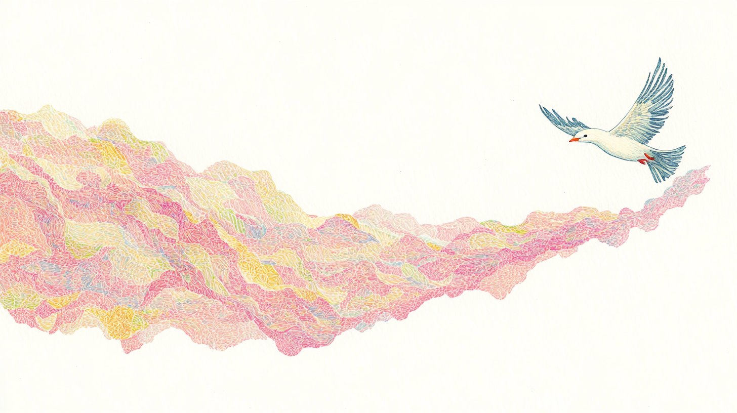 Abstract art - a bird flying through flowing warm-toned currents